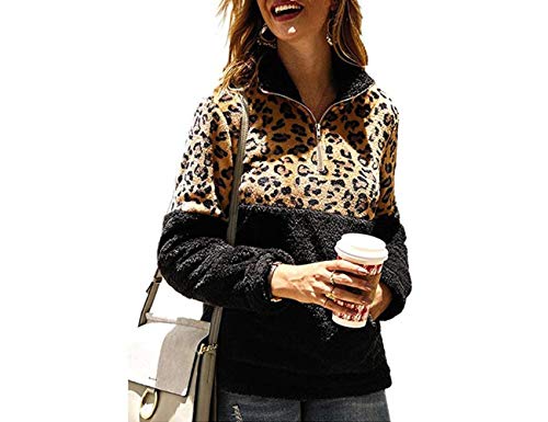 Boni caro Sudaderas de Forro Polar con Capucha para Mujer, Jersey de Manga Larga Cremallera con Bolsillos-Chaqueta de Felpa de Suéter Suelta, Abrigo Deportivo de İnvierno (Leopardo Negro, 40-42)