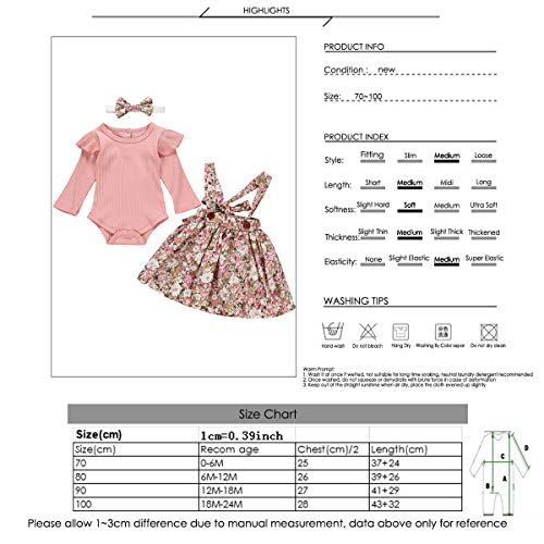 Borlai - Conjunto de 3 piezas para bebé; body manga larga, falda con tirantes con estampado floral y diadema para niña Rosa rosa claro 6-12 Meses