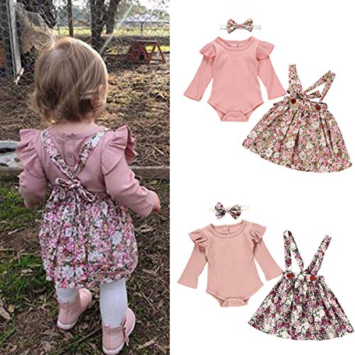 Borlai - Conjunto de 3 piezas para bebé; body manga larga, falda con tirantes con estampado floral y diadema para niña Rosa rosa claro 6-12 Meses