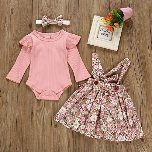 Borlai - Conjunto de 3 piezas para bebé; body manga larga, falda con tirantes con estampado floral y diadema para niña Rosa rosa claro 6-12 Meses