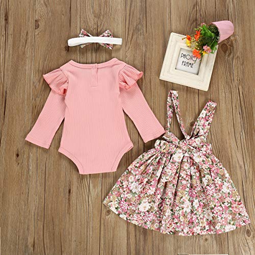 Borlai - Conjunto de 3 piezas para bebé; body manga larga, falda con tirantes con estampado floral y diadema para niña Rosa rosa claro 6-12 Meses