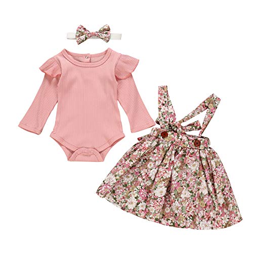 Borlai - Conjunto de 3 piezas para bebé; body manga larga, falda con tirantes con estampado floral y diadema para niña Rosa rosa claro 6-12 Meses