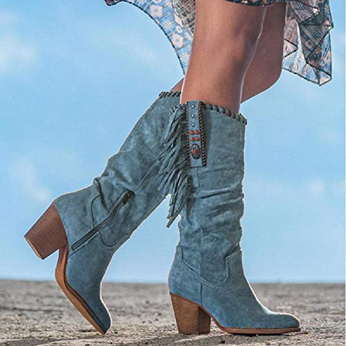 Botas altas de mujer Botas de vaquero occidental, botas largas del tacón alto con la bota redonda de la señora con flecos para el bota de senderismo al aire libre de otoño de invierno,Blue-40