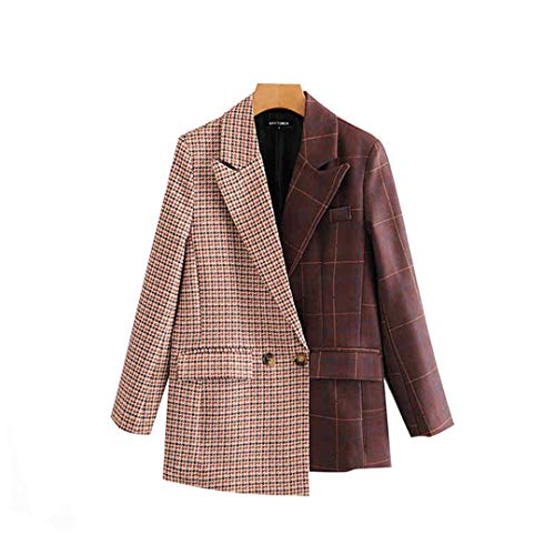 BoxJCNMU Escudo Elegante Remiendo de la Vendimia de la Tela Escocesa Irregular Blazer Mujeres Moda Abrigos Cuello con Muesca L