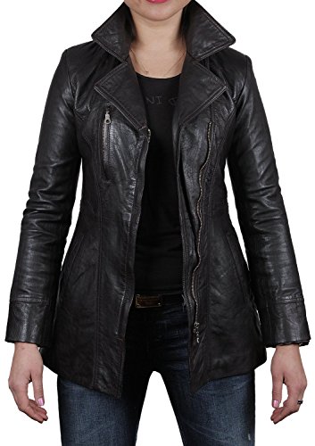 BRANDSLOCK Mujeres Piel de Oveja Larga Chaqueta de Cuero Real (3XL)