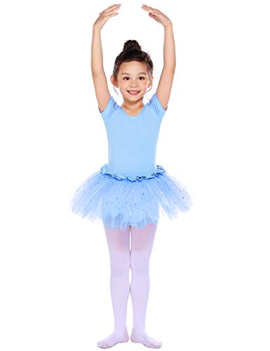 Bricnat Vestido de ballet para niña, vestido de danza, manga corta, algodón, maillot de ballet con falda tutú azul 122 128