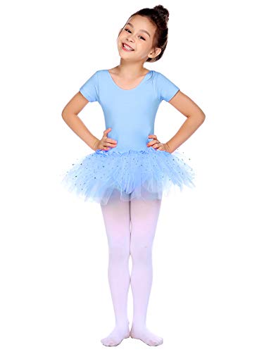 Bricnat Vestido de ballet para niña, vestido de danza, manga corta, algodón, maillot de ballet con falda tutú azul 122 128