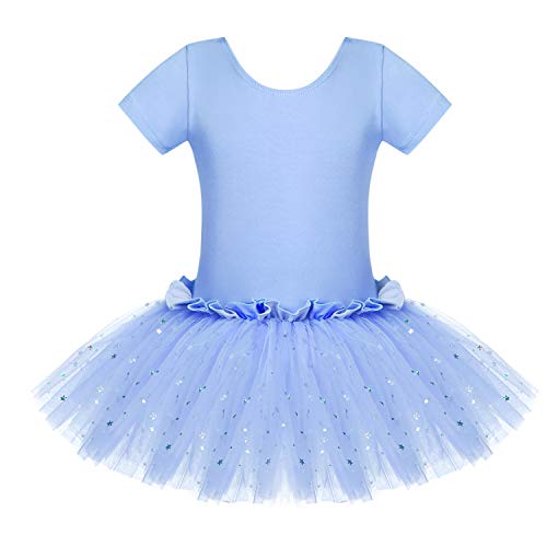Bricnat Vestido de ballet para niña, vestido de danza, manga corta, algodón, maillot de ballet con falda tutú azul 122 128