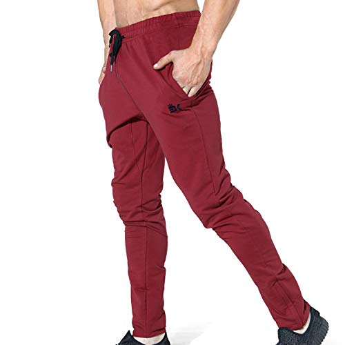 Broki - Pantalones de chándal ajustados con cremallera para hombre, pantalones deportivos informales para correr, ir al gimnasio, pantalones chinos de chándal, color negro Rojo granate M