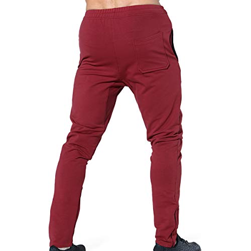 Broki - Pantalones de chándal ajustados con cremallera para hombre, pantalones deportivos informales para correr, ir al gimnasio, pantalones chinos de chándal, color negro Rojo granate M