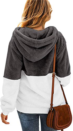 Bwiv Sudadera Mujer con Capucha Caliente Flexible Invierno Otoño en Piel Sintética Multi Color Chaqueta Polar Casual Moda Amplio Gris y Blanco Empalme Talla S