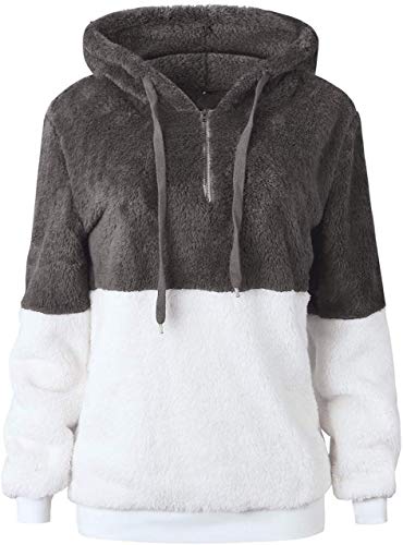 Bwiv Sudadera Mujer con Capucha Caliente Flexible Invierno Otoño en Piel Sintética Multi Color Chaqueta Polar Casual Moda Amplio Gris y Blanco Empalme Talla S