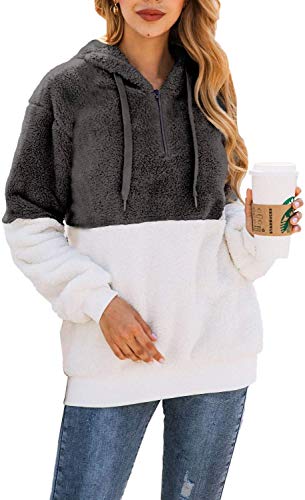 Bwiv Sudadera Mujer con Capucha Caliente Flexible Invierno Otoño en Piel Sintética Multi Color Chaqueta Polar Casual Moda Amplio Gris y Blanco Empalme Talla S