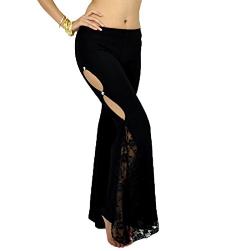 Calcifer Pantalones de danza del vientre con aberturas laterales de encaje sólido para mujer bailarina profesional (negro)