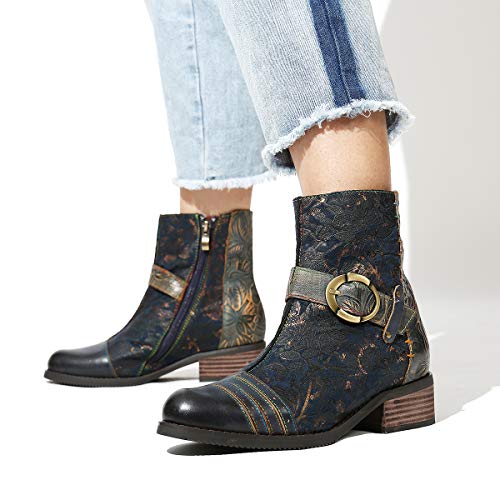 Camfosy Botines Tacones de Cuero, Zapatos de Invierno Tacón Alto Botas Vaqueras cómodas Botas con Cremallera Vestida Color Original Bohemio 2019