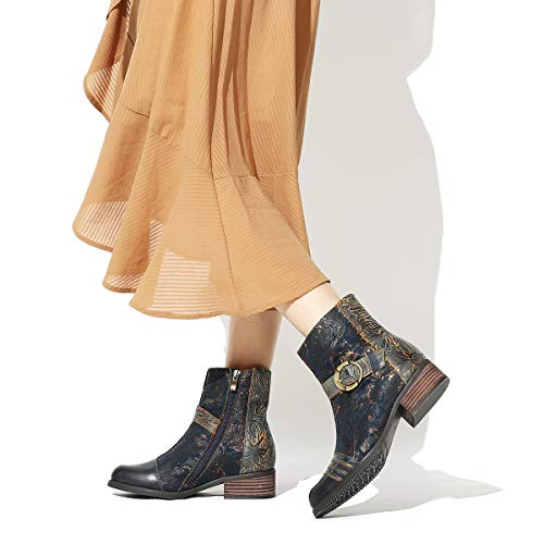 Camfosy Botines Tacones de Cuero, Zapatos de Invierno Tacón Alto Botas Vaqueras cómodas Botas con Cremallera Vestida Color Original Bohemio 2019