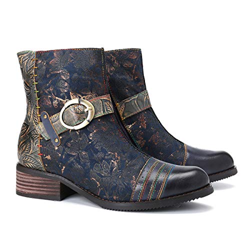 Camfosy Botines Tacones de Cuero, Zapatos de Invierno Tacón Alto Botas Vaqueras cómodas Botas con Cremallera Vestida Color Original Bohemio 2019