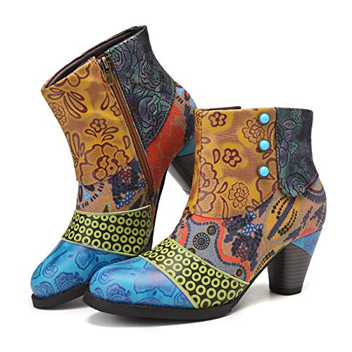 Camfosy Botines Tacones de Cuero, Zapatos de Invierno Tacón Alto Botas Vaqueras cómodas Botas con Cremallera Vestida Color Original Bohemio 2019