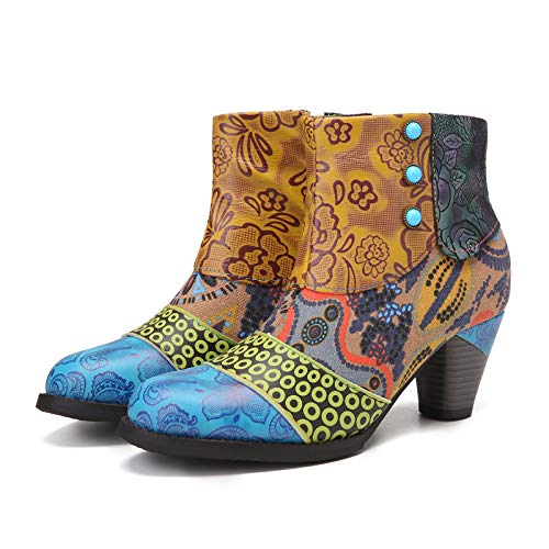 Camfosy Botines Tacones de Cuero, Zapatos de Invierno Tacón Alto Botas Vaqueras cómodas Botas con Cremallera Vestida Color Original Bohemio 2019