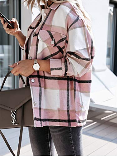 Camisa a cuadros para mujer - Camisa de mangas largas con botones - Confeccionada en tela de franela suave y abrigada - Camisa a cuadros, estilo informal y moderno rosa pastel / blanco L