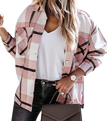 Camisa a cuadros para mujer - Camisa de mangas largas con botones - Confeccionada en tela de franela suave y abrigada - Camisa a cuadros, estilo informal y moderno rosa pastel / blanco L