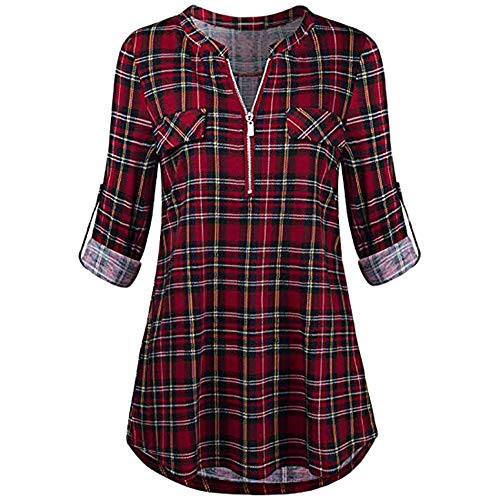 Camisas Mujer Manga Larga Cuadros Cuello En V con Cremallera Blusa Mujer Camisa De Manga Larga Ropa Mujer Primavera 2019