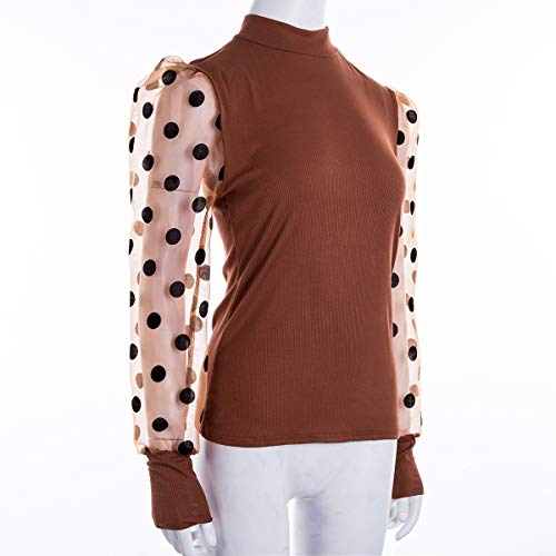 Camiseta Manga Larga para Mujer Blusa Crop Tops con Manga Transparente de Lunares y Cuello Alto Mujer Bodysuit Clubwear Ropa Invierno Primavera (Marrón, M)