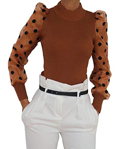 Camiseta Manga Larga para Mujer Blusa Crop Tops con Manga Transparente de Lunares y Cuello Alto Mujer Bodysuit Clubwear Ropa Invierno Primavera (Marrón, M)