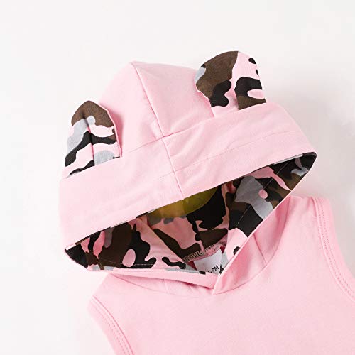 Carolilly Conjunto de 2 piezas de ropa deportiva para niña de verano militar sin mangas con capucha + pantalones cortos Rosa 6-12 Meses