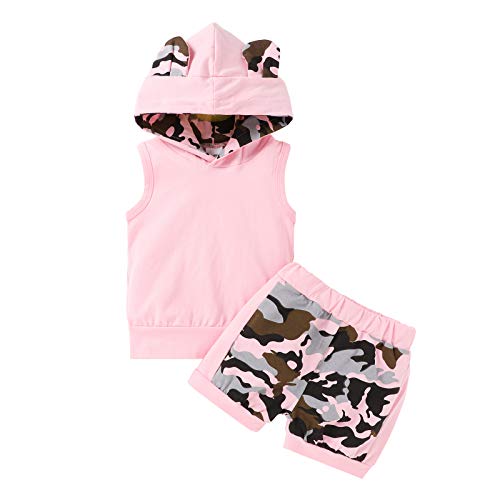 Carolilly Conjunto de 2 piezas de ropa deportiva para niña de verano militar sin mangas con capucha + pantalones cortos Rosa 6-12 Meses