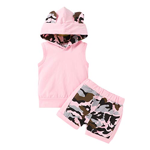 Carolilly Conjunto de 2 piezas de ropa deportiva para niña de verano militar sin mangas con capucha + pantalones cortos Rosa 6-12 Meses