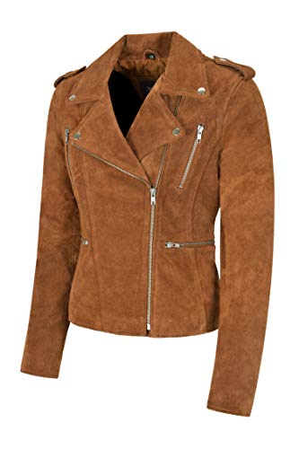 Carrie CH Hoxton Chaqueta de Cuero Real para Mujer Chaqueta de Motorista de Moda Casual clásica de Ante marrón Claro 7113-A (40 EU)