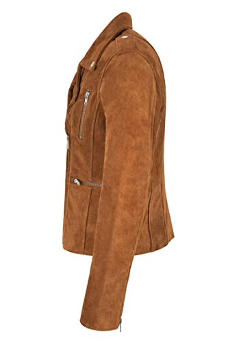 Carrie CH Hoxton Chaqueta de Cuero Real para Mujer Chaqueta de Motorista de Moda Casual clásica de Ante marrón Claro 7113-A (40 EU)