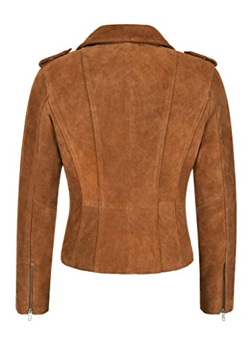 Carrie CH Hoxton Chaqueta de Cuero Real para Mujer Chaqueta de Motorista de Moda Casual clásica de Ante marrón Claro 7113-A (40 EU)