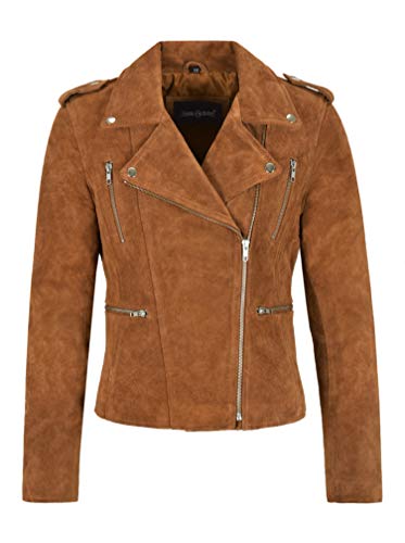 Carrie CH Hoxton Chaqueta de Cuero Real para Mujer Chaqueta de Motorista de Moda Casual clásica de Ante marrón Claro 7113-A (40 EU)