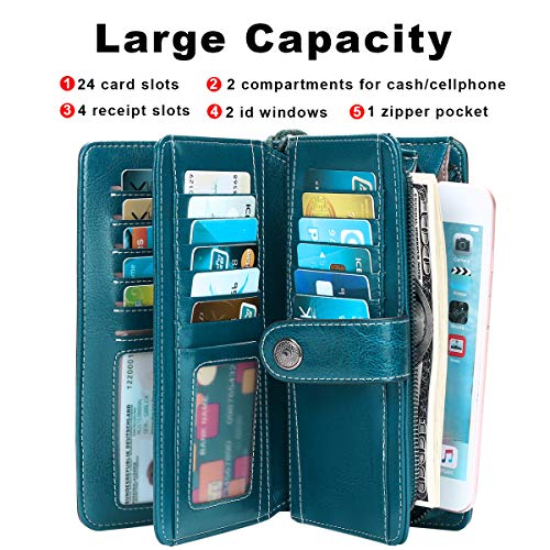 Cartera Cuero Mujer Bloqueo RFID Monedero Piel Mujer Grande con Muchos Bolsillos, Billetera Larga Mujer con Cremallera 26 Ranuras para Tarjetas, Carteras de Piel para Dama XXL (Mariposa Azul)