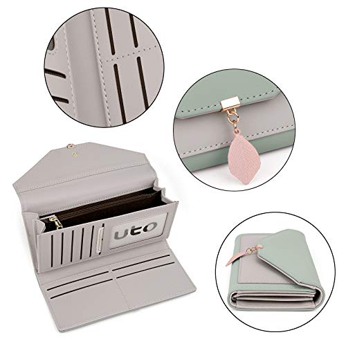 Cartera de Mujer Dama - UTO Cartera Grande Plegable de Cuero Sintético Monedero con Hoja Adorno Colgante Chica Niña para Regalo