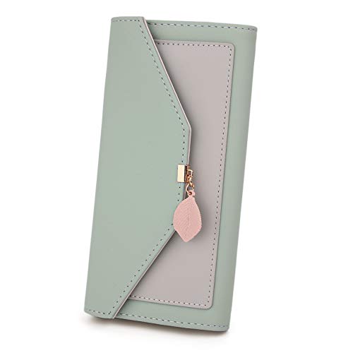 Cartera de Mujer Dama - UTO Cartera Grande Plegable de Cuero Sintético Monedero con Hoja Adorno Colgante Chica Niña para Regalo
