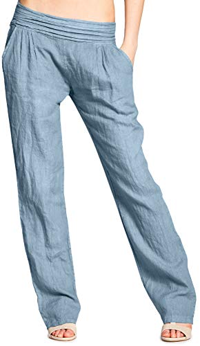 Caspar KHS020 Pantalones Largos de Verano para Mujer Hecho de Lino, Color:Azul Vaquero, Talla:3XL - DE46 UK18 IT50 ES48 US16