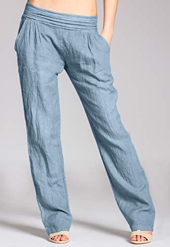 Caspar KHS020 Pantalones Largos de Verano para Mujer Hecho de Lino, Color:Azul Vaquero, Talla:S - DE36 UK8 IT40 ES38 US6