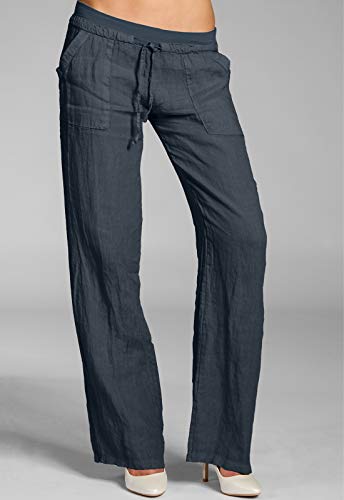 Caspar KHS025 Pantalones Largos de Lino para Mujer Casual Verano, Color:Azul Oscuro, Talla:M - DE38 UK10 IT42 ES40 US8