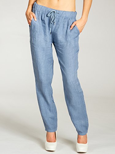 Caspar KHS045 Pantalones Casuales de Verano de Lino para Mujer Cintura Elástica, Color:Azul Vaquero, Talla:M - DE38 UK10 IT42 ES40 US8