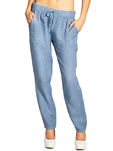 Caspar KHS045 Pantalones Casuales de Verano de Lino para Mujer Cintura Elástica, Color:Azul Vaquero, Talla:M - DE38 UK10 IT42 ES40 US8