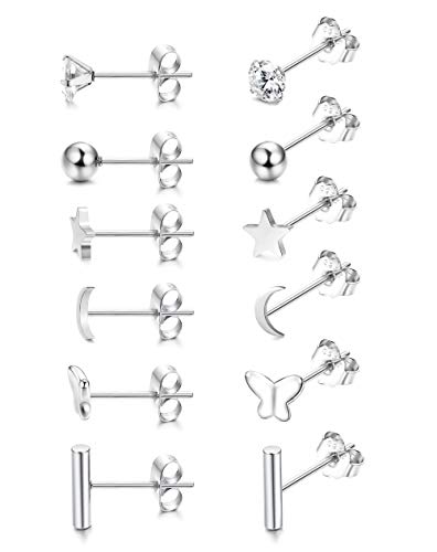 CASSIECA Estrella Lunas Pendientes Plata de Ley 925 Pequeños Aretes Mujeres Hombres Mariposa Bar Aretes Bolas Pequeños Zirconia Cúbica Cartílago Pendientes Hipoalergénicos 6 Pares CZ Piercing Oreja