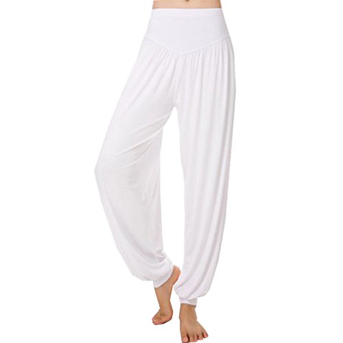 Cayuan Mujer Pantalones Bombachos Harem Pantalón Polainas Holgados Yoga Pilates Pantalones de Modal Blanco