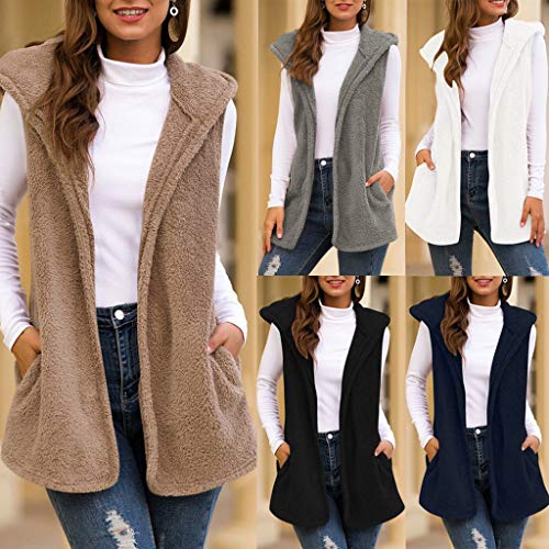 Chaleco con Capucha Mujer Sin Mangas Suelto Invierno con Bolsillo Cárdigans para Mujer Casual Abrigos Largos Elegantes Chaqueta de Fiesta Caqui