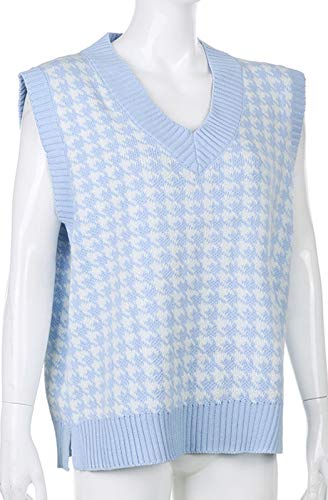 Chalecos de punto con cuello en V para mujer, sin mangas, suéter, suéter de punto a cuadros, suéter uniforme (color: azul claro, tamaño: S)