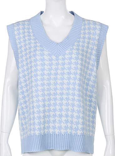 Chalecos de punto con cuello en V para mujer, sin mangas, suéter, suéter de punto a cuadros, suéter uniforme (color: azul claro, tamaño: S)