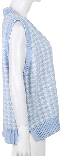 Chalecos de punto con cuello en V para mujer, sin mangas, suéter, suéter de punto a cuadros, suéter uniforme (color: azul claro, tamaño: S)