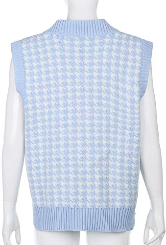 Chalecos de punto con cuello en V para mujer, sin mangas, suéter, suéter de punto a cuadros, suéter uniforme (color: azul claro, tamaño: S)